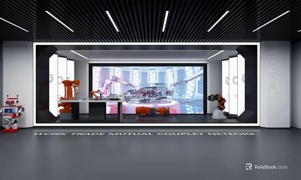 Modern Tech Exhibition Space With Large Screen And Robotic Display Elements 3d model 