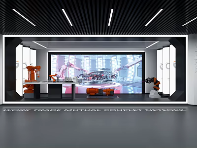 Modern Tech Exhibition Space With Large Screen And Robotic Display Elements 3d model