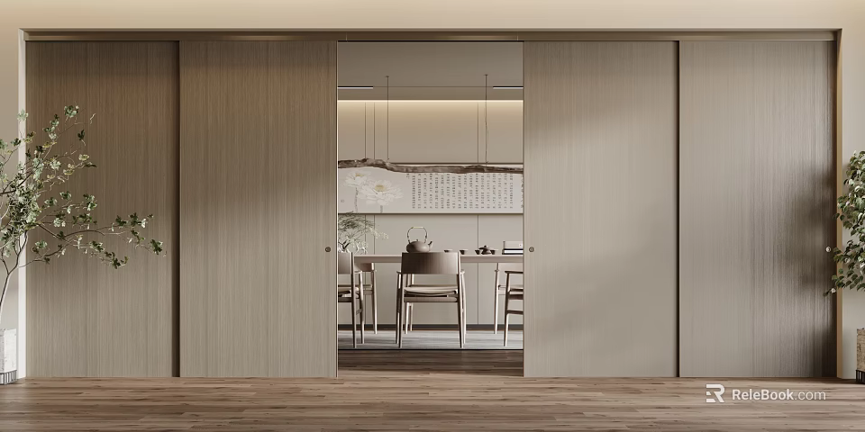 Wooden Sliding Doors Open To Modern Dining Area With Table Chairs And Decor 3d model 