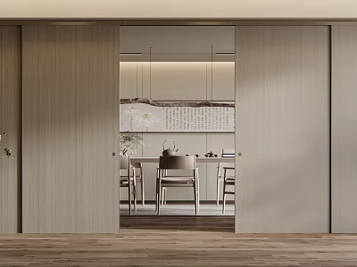 Wooden Sliding Doors Open To Modern Dining Area With Table Chairs And Decor 3d model