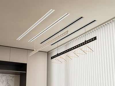 Modern Ceiling Lighting Design With Linear LED Strips Pendant Lights And Vertical Blinds 3d model