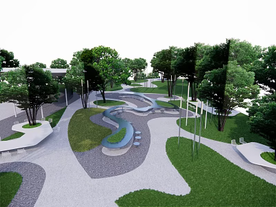 Park Landscape With Winding Paths Green Lawns Trees And Seating Areas 3d model