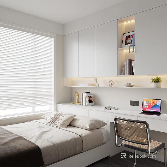 Tatami Bedroom Interior Design With White Cabinets Bookshelf Bed Laptop On Desk Chair And Plant 3d model 