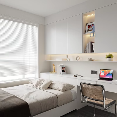 Tatami Bedroom Interior Design With White Cabinets Bookshelf Bed Laptop On Desk Chair And Plant 3d model