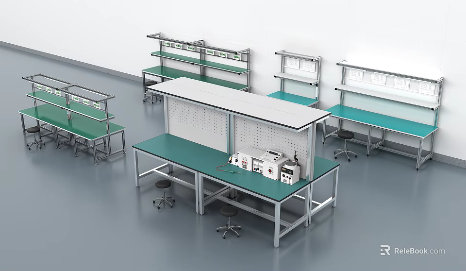 Industrial Laboratory Workbenches With Metal Frame Green Top And Equipment Shelves Stools 3d model 