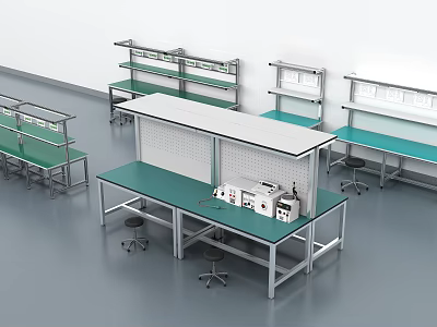 Industrial Laboratory Workbenches With Metal Frame Green Top And Equipment Shelves Stools 3d model