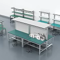 Industrial Laboratory Workbenches With Metal Frame Green Top And Equipment Shelves Stools