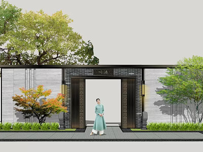 Traditional Chinese Scenic Wall Design With Lattice Panels Greenery And Garden Archway 3d model