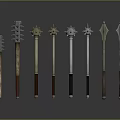 Various Long Handled Weapons Featuring Spiked Spherical And Pointed Heads With Wooden And Metal Handles