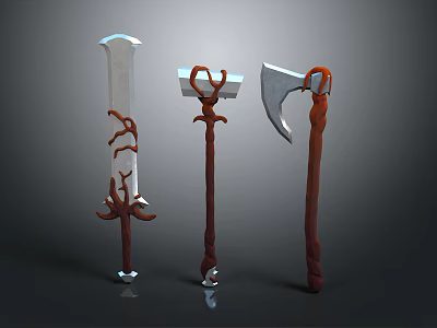 Intricate Ornate Crafted Weapons Including Sword and Axes With Decorative Handles 3d model