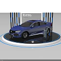 Showcase Shelves with Blue Car Display Featuring Vertical Bars Grid Screen and Circular Platform