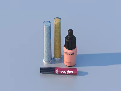 Glittery Perfume Cosmetics Collection with Blue Gold Shimmer Containers Lavender Dropper Bottle and Raspberry Lipstick 3d model