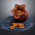 Red Cloth Bag For Daily Use With Golden Circular Items On Blue Wooden Surface And Scattered Outside