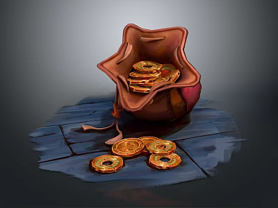 Red Cloth Bag For Daily Use With Golden Circular Items On Blue Wooden Surface And Scattered Outside 3d model