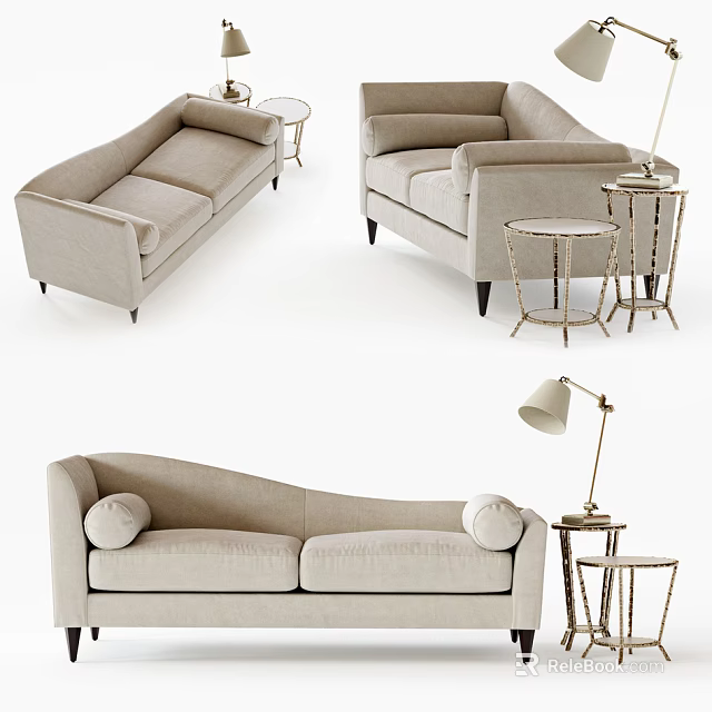 Light Colored Upholstered Two Seater Sofa With Metal Frame Side Tables And Modern Table Lamp 3d model