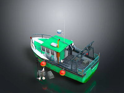 Green and White Fishing Boat with Cabin Deck and Red Buoys 3d model