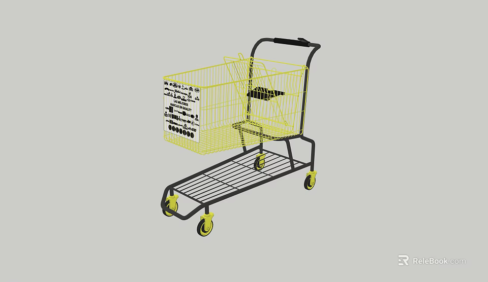 Public Facility Shopping Cart With Yellow Wheels And Metal Storage Basket For Supermarket Use 3d model 