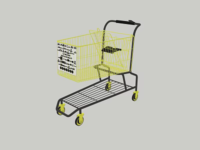 Public Facility Shopping Cart With Yellow Wheels And Metal Storage Basket For Supermarket Use 3d model