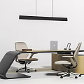 Modern Office Desk Setup With Ergonomic Chairs Laptop Desk Lamp And Hanging Light