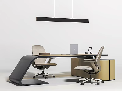 Modern Office Desk Setup With Ergonomic Chairs Laptop Desk Lamp And Hanging Light 3d model
