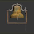 Golden Bell With Decorative Metal Structure And Wheel On Wooden Triangular Stand