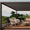 Modern Villa Balcony Outdoor Area With Wicker Furniture Wooden Floor And Lush Greenery View