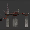 Water Construction Barge With Crane Near Bridge Structure And Concrete Pier Supports