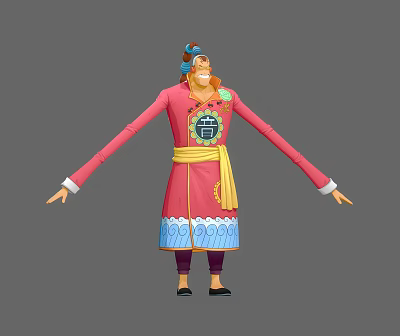 Smiling Man In Pink Robe With Blue Wave Patterns Yellow Sash And Decorative Hat 3d model