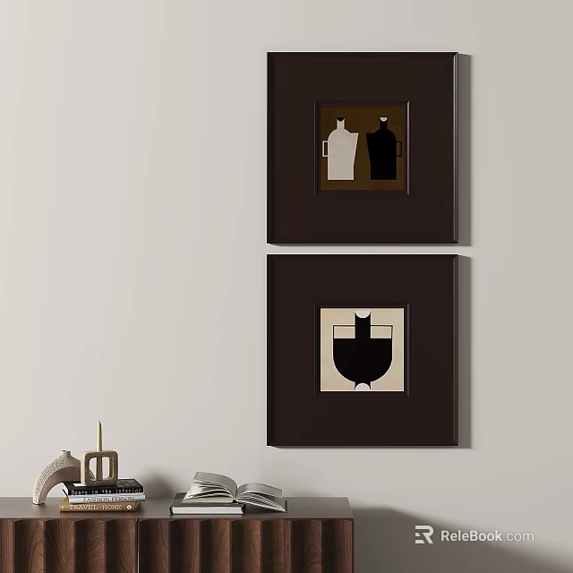 Two Dark Framed Abstract Paintings With Figure Silhouettes Hanging On Light Colored Wall 3d model 