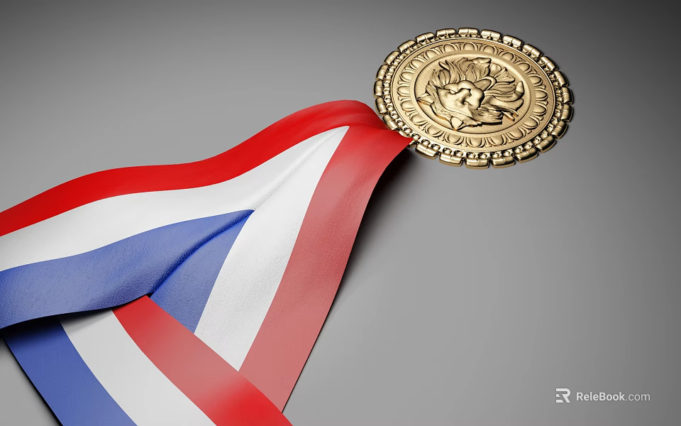 Golden Decorative Medal With Red White Blue Ribbon On Gray Background 3d model 