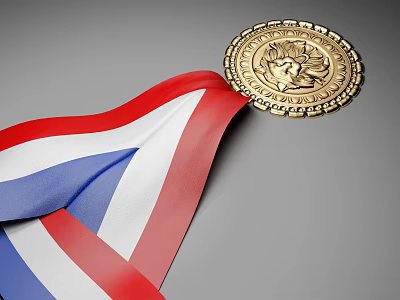 Golden Decorative Medal With Red White Blue Ribbon On Gray Background 3d model