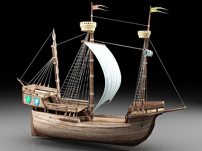 Classic Wooden Sailing Ship With White Sail Masts And Decorations 3d model