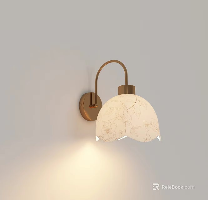 Golden Base Wall Lamp With White Patterned Lampshade On Light Gray Wall Soft Light 3d model 