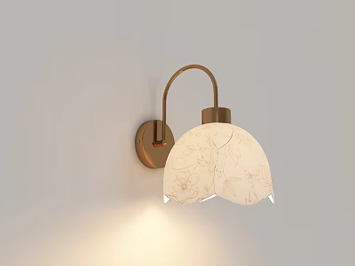 Golden Base Wall Lamp With White Patterned Lampshade On Light Gray Wall Soft Light 3d model