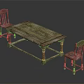 Vintage Wooden Dining Table Set With Two Matching Chairs And Rustic Design 3d model