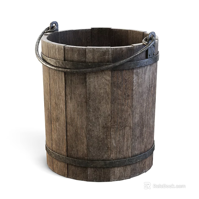 Rustic Vintage Wooden Kitchenware Bucket With Metal Hoops And Sturdy Storage Design 3d model 