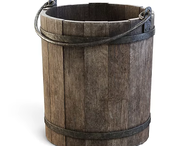 Rustic Vintage Wooden Kitchenware Bucket With Metal Hoops And Sturdy Storage Design 3d model