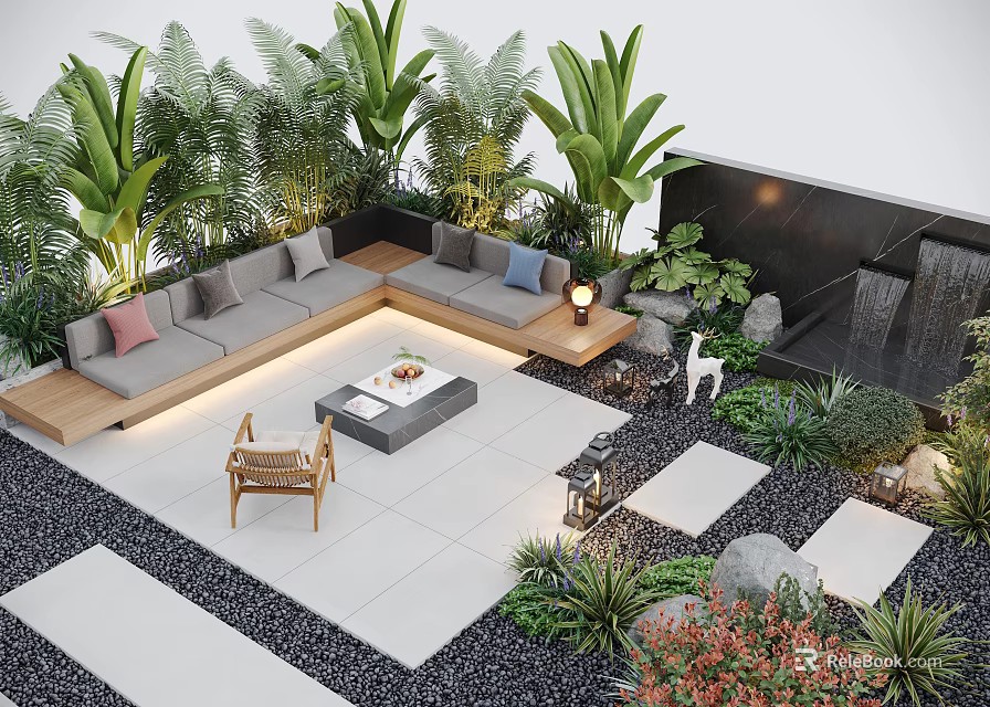 Modern Courtyard Garden Design With L Shaped Sofa Tropical Plants And Water Feature Stone Patio 3d model 