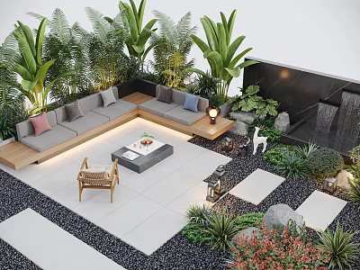 Modern Courtyard Garden Design With L Shaped Sofa Tropical Plants And Water Feature Stone Patio 3d model