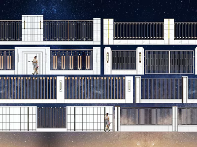Modern Multi Story Building Exterior Wall Design With Railings And Grille Windows 3d model