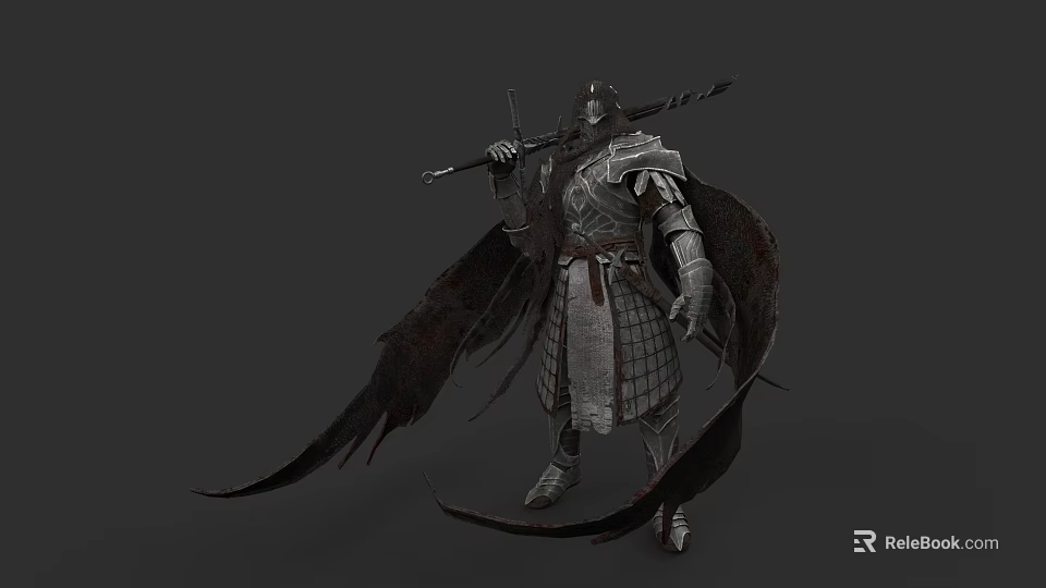 Game Fantasy Character In Medieval Armor With Dark Wings And Spear 3d model 