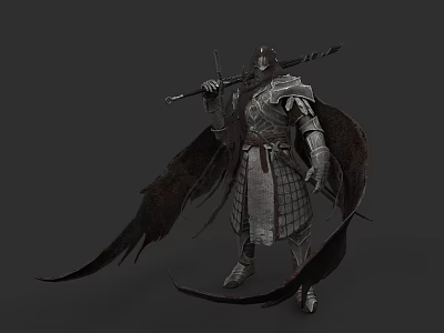 Game Fantasy Character In Medieval Armor With Dark Wings And Spear 3d model