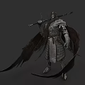 Game Fantasy Character In Medieval Armor With Dark Wings And Spear