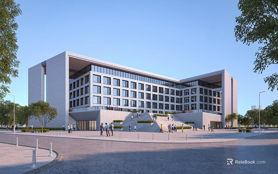 Modern School Building Exterior Design With Large Glass Windows Front Steps And Green Trees 3d model 
