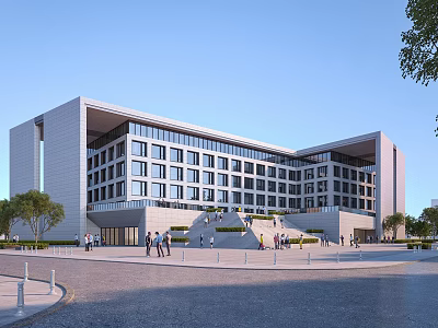 Modern School Building Exterior Design With Large Glass Windows Front Steps And Green Trees 3d model