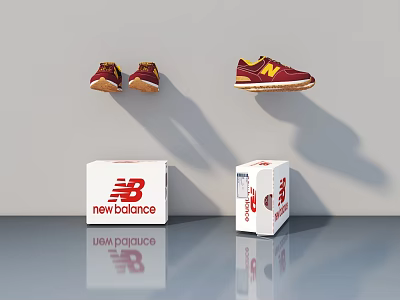 New Balance Red And Yellow Shoes Hanging On Wall With Branded Boxes 3d model