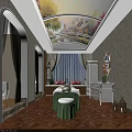 SPA Sauna Interior Design With Decorative Ceiling Green Curtains And Massage Bed