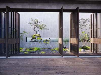 Tranquil Courtyard Garden With Wooden Lattice Doors Small Rockery Green Plants Moss And Gray Wall 3d model