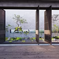 Tranquil Courtyard Garden With Wooden Lattice Doors Small Rockery Green Plants Moss And Gray Wall