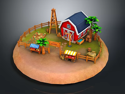 Charming Farm Scenery With Red Barn Blue Roof Palm Trees Wooden Fence And Well 3d model